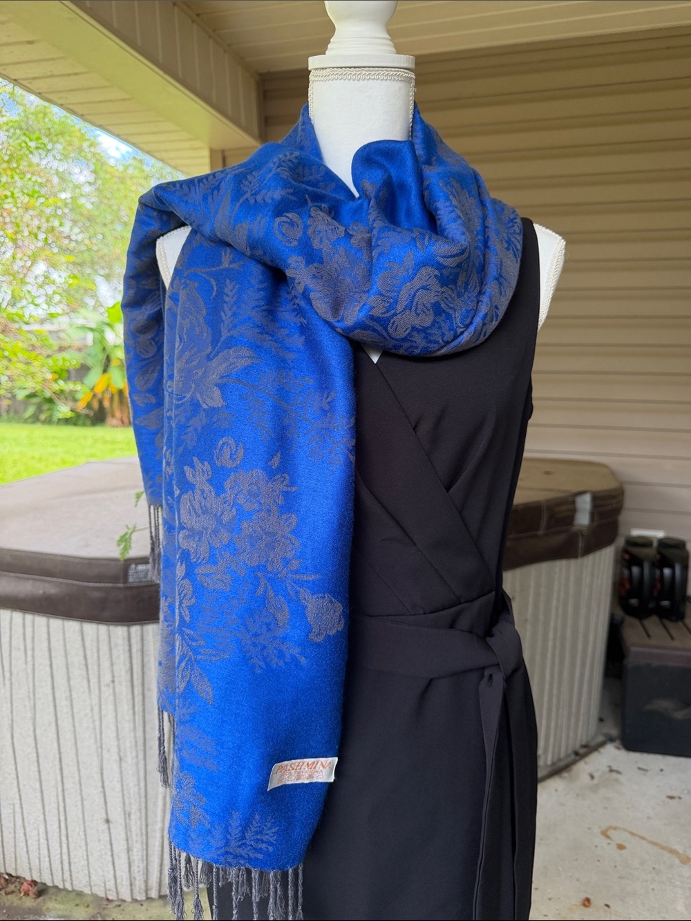 Pashmina Elegant Blue Floral and Gray Jacquard Scarf Lightweight and Beautiful